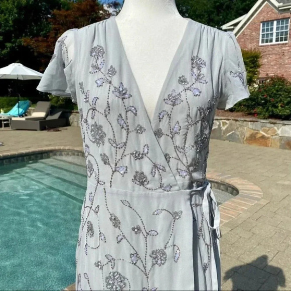 NWT Anthropologie BHLDN Plymouth Maxi Wrap Dress Fog Wedding Beaded Size 4 - Picture 6 of 14